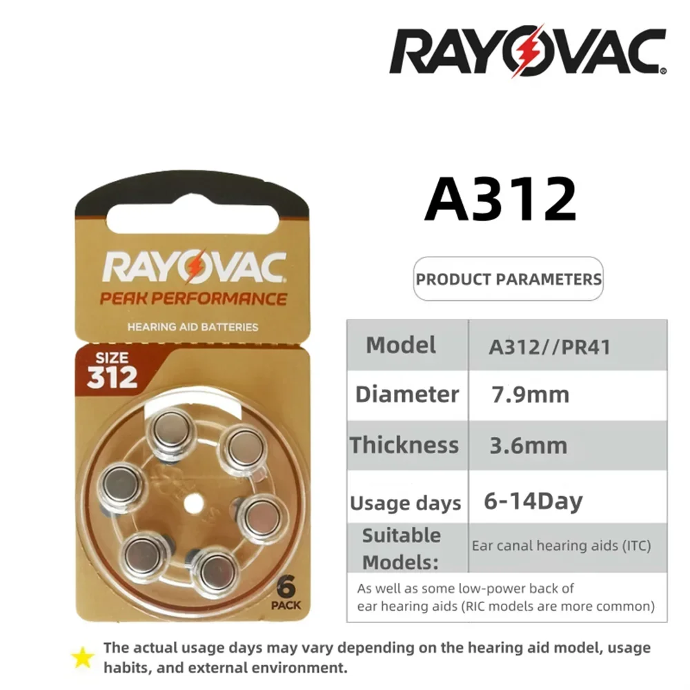 Hearing Aid Batteries 6-60PCS / 1-10Cards RAYOVAC PEAK 1.45V 312 312A A312 PR41 Zinc Air Battery For BTE CIC RIC OE Hearing Aids