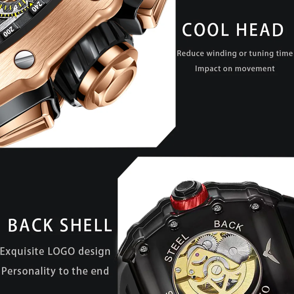 Tonneau Skeleton Mechanical Men\'s Watch Luxury Rose Gold Stainless Steel Automatic Watches High Quality Waterproof Man Clock New