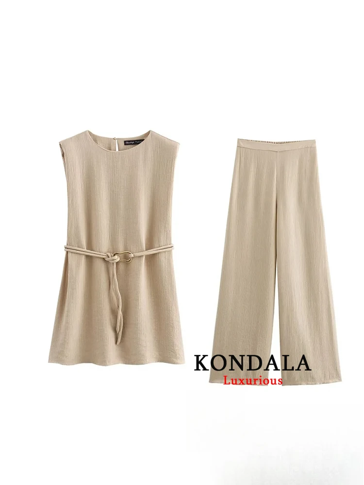 

KONDALA Vintage Casual Chic Solid Women Suit Sleeveless O-Neck Sashes Top Loose Straight Long Pants New Fashion 2024 Autumn Suit