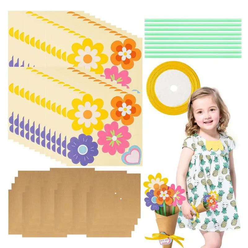 

New DIY Flower Bouquet Kit Paper Flower Crafting Supplies DIY Mothers Day Card Crafting Supplies With Ribbon And 100 Straws