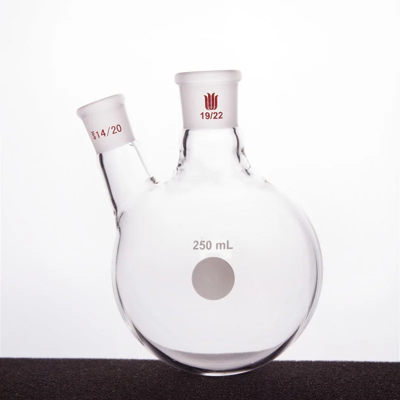 SYNTHWARE Thick walled slanted two necked bottle, Two-necked flask oblique shape, Capacity 100mL 250mL, Borosilicate glass, F41