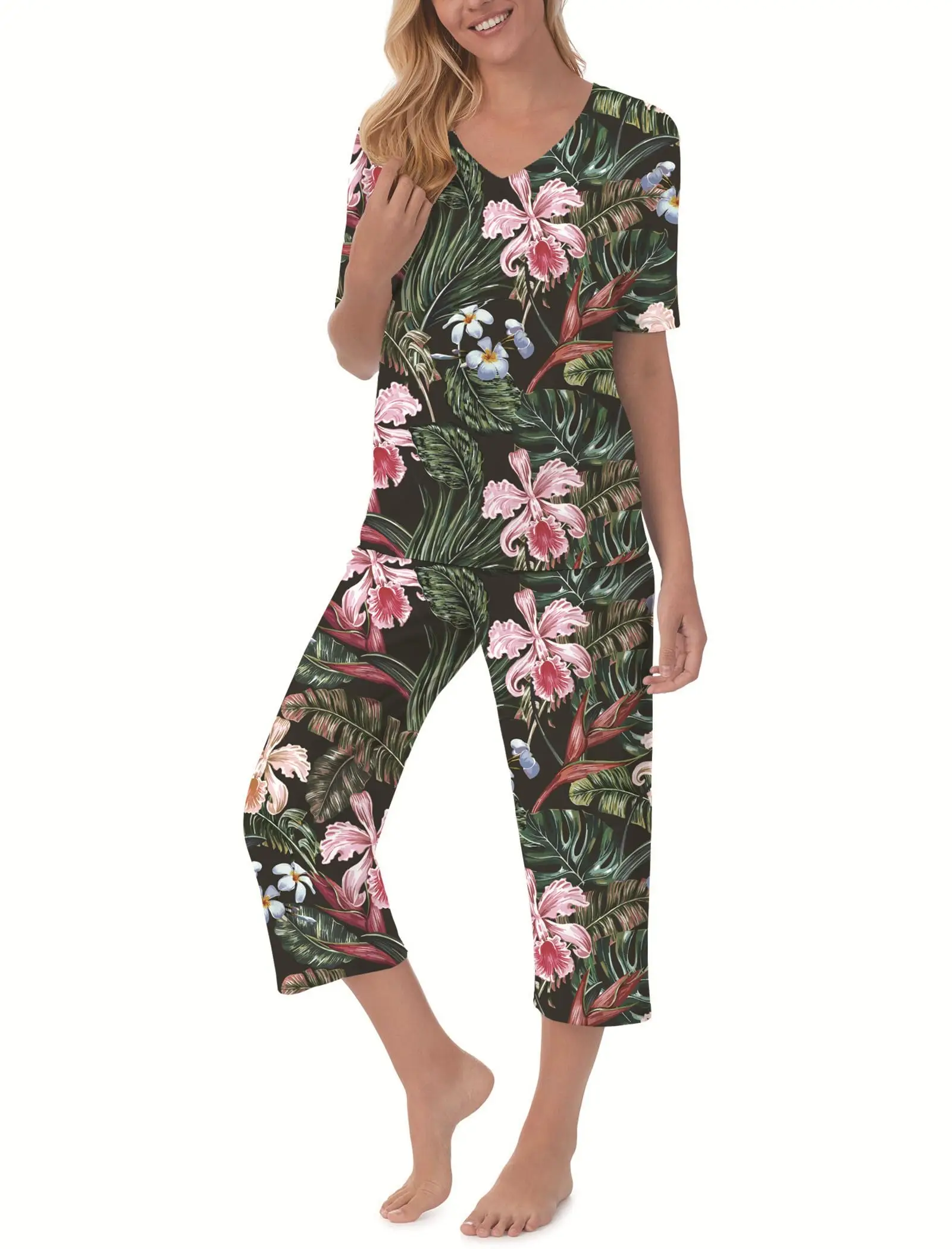 

QCIV Женские пижамные комплекты Топ с v-образным вырезом и короткими рукавами и брюки-капри с карманами Комплект одежды для сна из двух предметов PJS