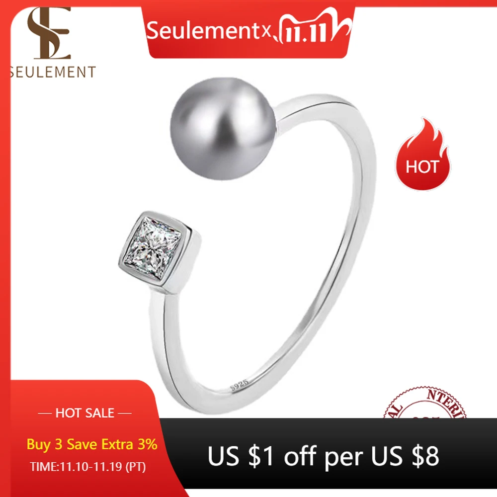 

Seulement Sterling Silver 925 Rings for Women Zircon Inlaid Adjustable Opening Pearl Ring Jewelry Fashion Finger Accessories