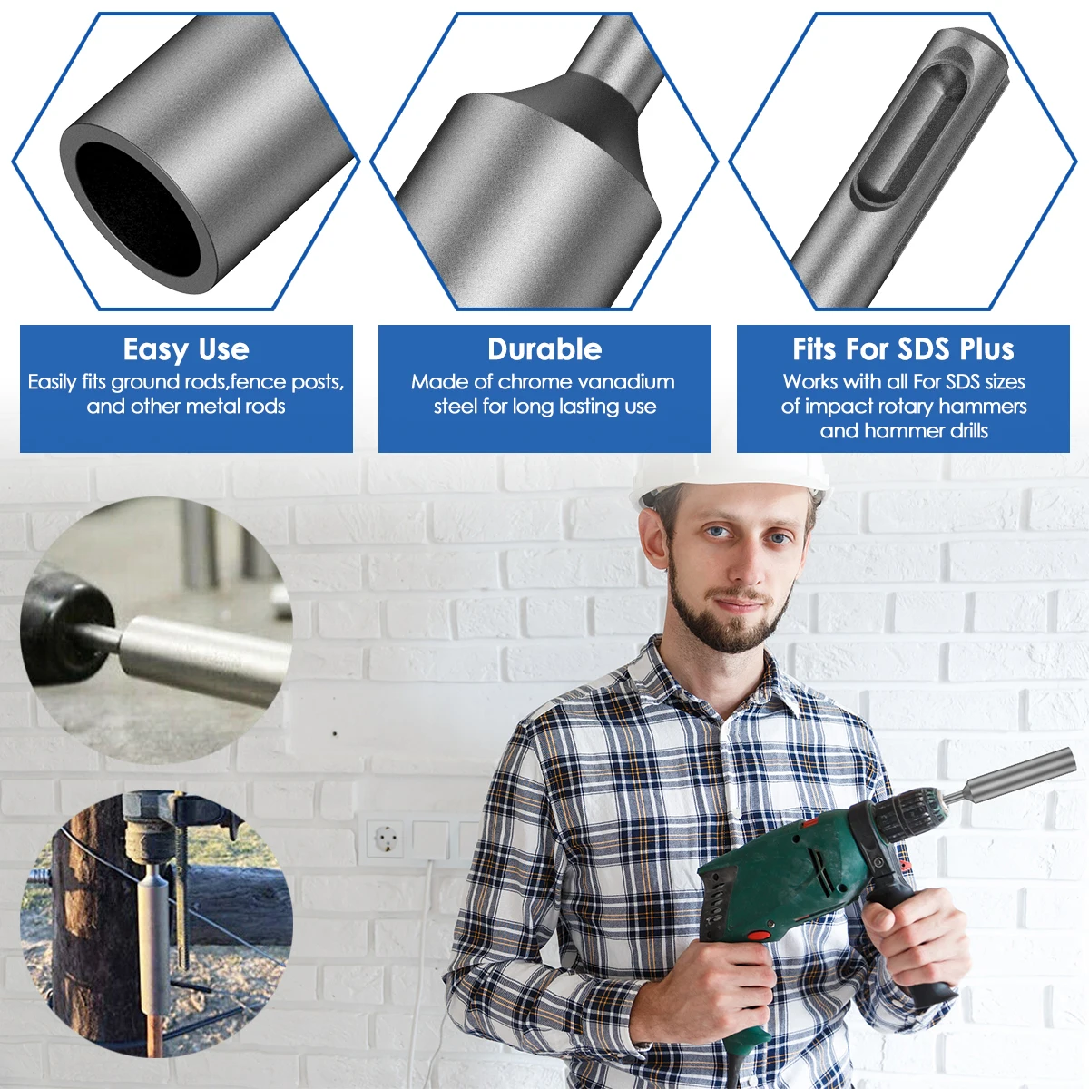 SDS Plus Ground Rod Driver Durable 17mm Earth Stake Grounding Rod Hardened Steel for SDS Plus Rotary Hammer Drill Power Tool