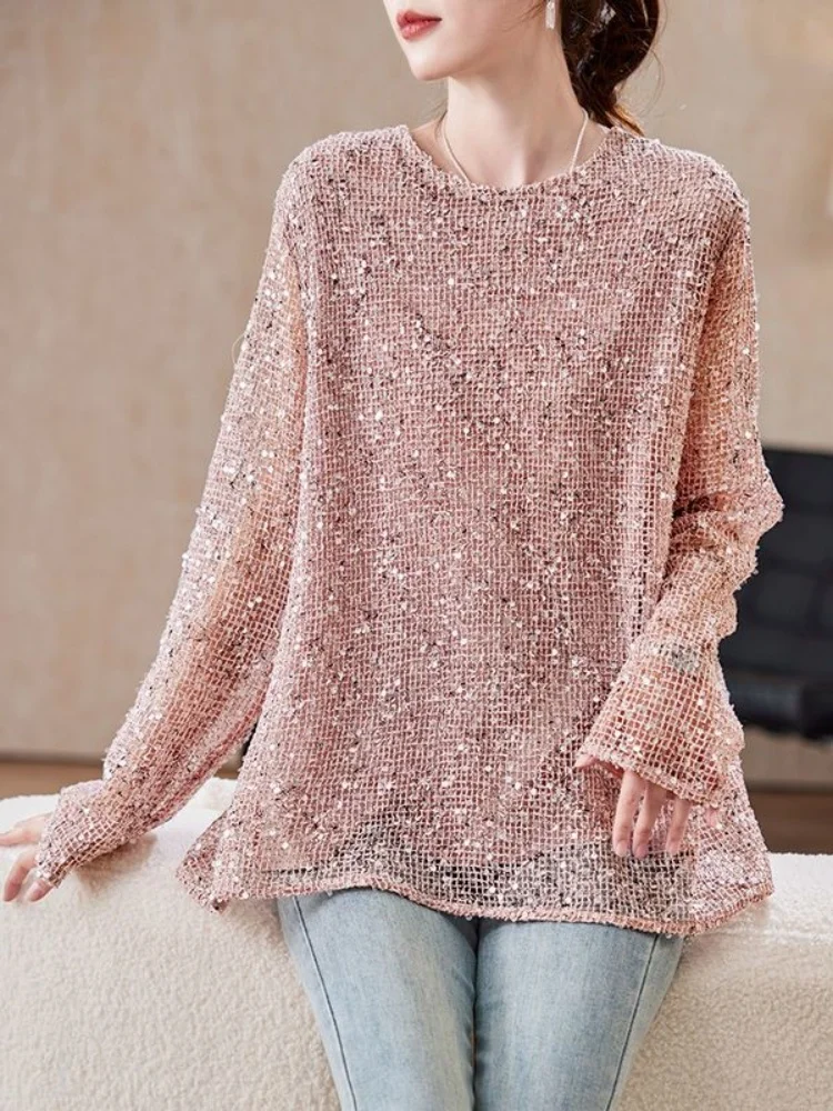 O-neck Sequined Hollow Out T-Shirt Spring Autumn Pink Reversible Long Sleeve Women Tshirt Shiny French Long Tops