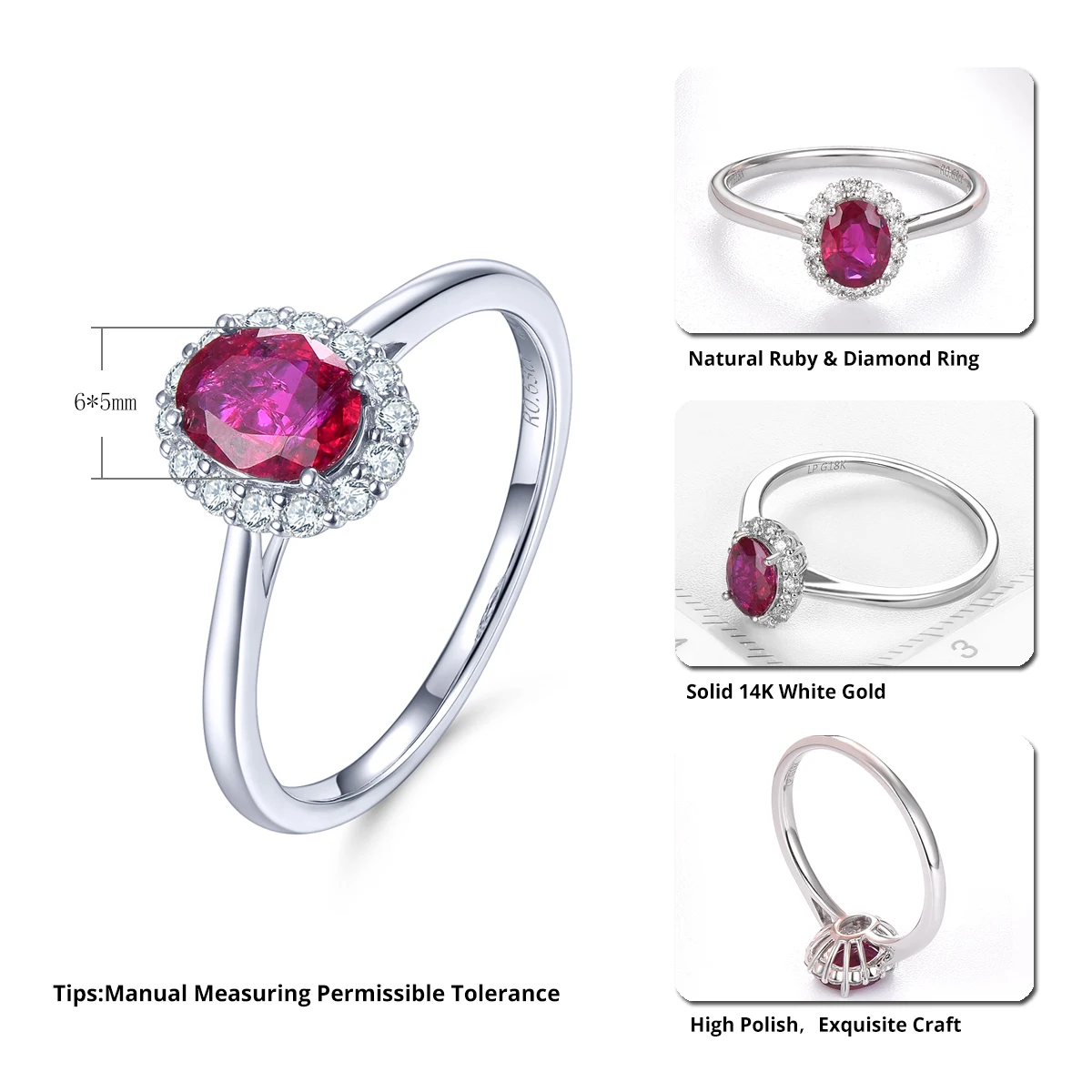 Lohaspie 14K White Gold Natural Ruby Ring 0.4 Carats Genuine Gemstone Exquisite Style Fine Jewelry for Engagement Gift