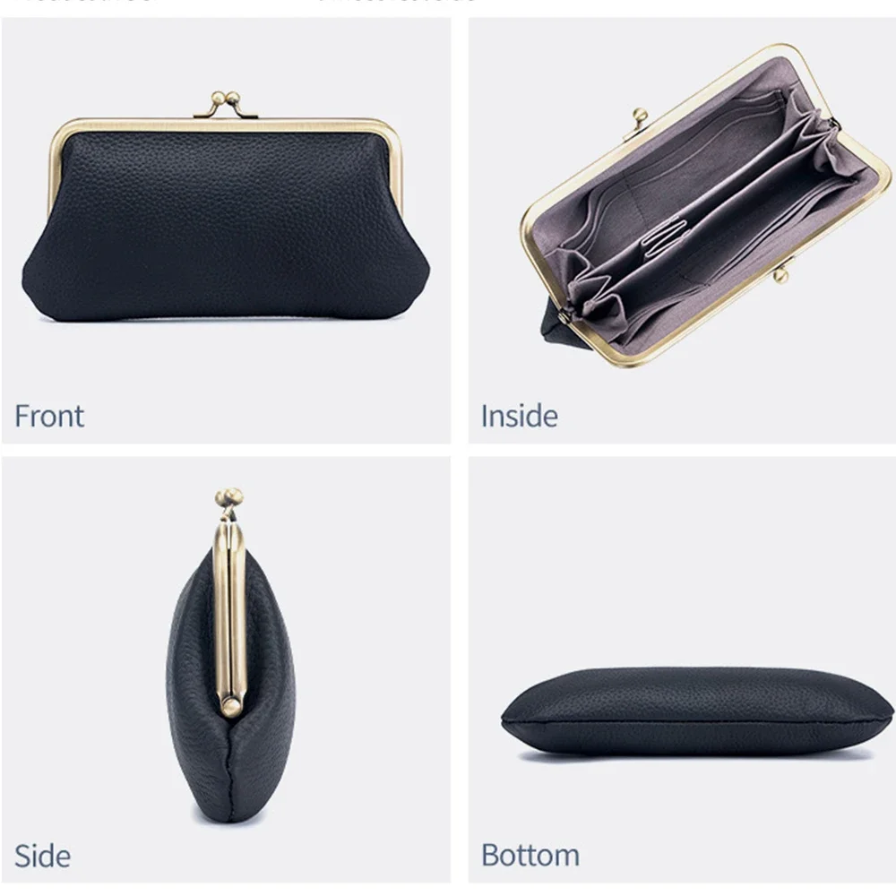 여성용 긴 클러치 지갑, 키스락 휴대폰 파우치, 부드러운 가죽 보관 지갑, 큰 잔돈 지갑
