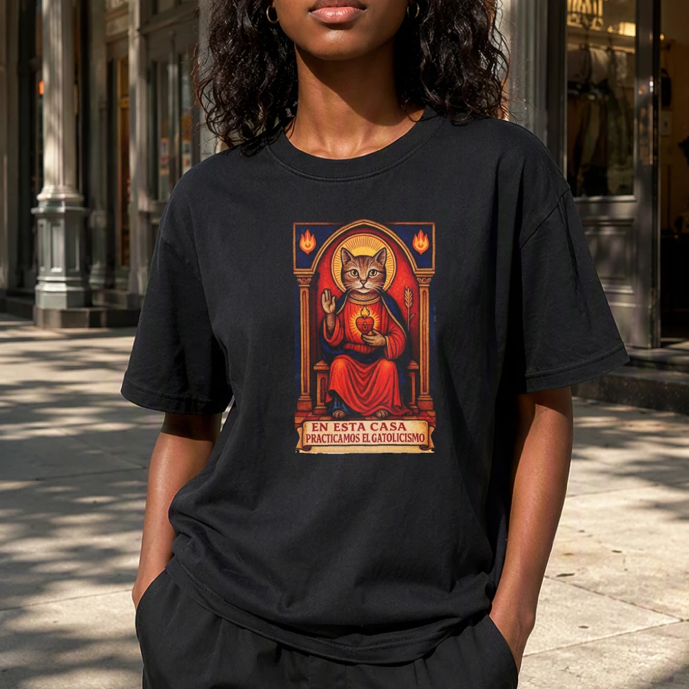 Gothic Cat Saint Art Woman Black Crewneck Blouse Religious Meme Street Style Alternative Fashion Top Cat Lovers & Goth Girls