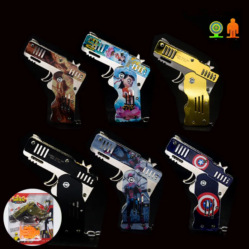 Mini Folding Six Bursts Rubber Band Gun Can Hold The Chain Made All Metal Guns Shooting Toy Gifts Boys Outdoor Tools Gifts