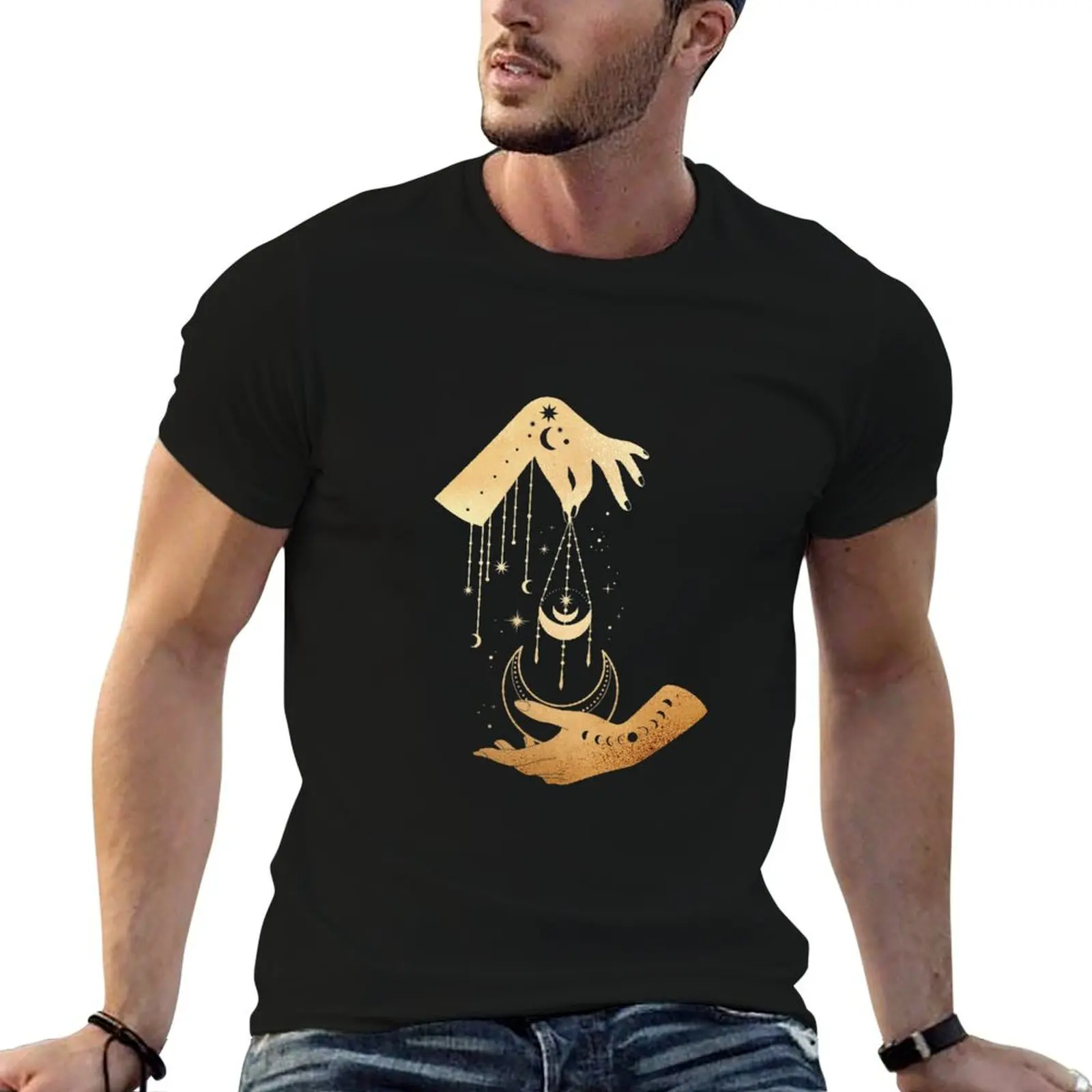Hands, stars and moon phases design. T-Shirt blacks vintage t shirts plain white t shirts men