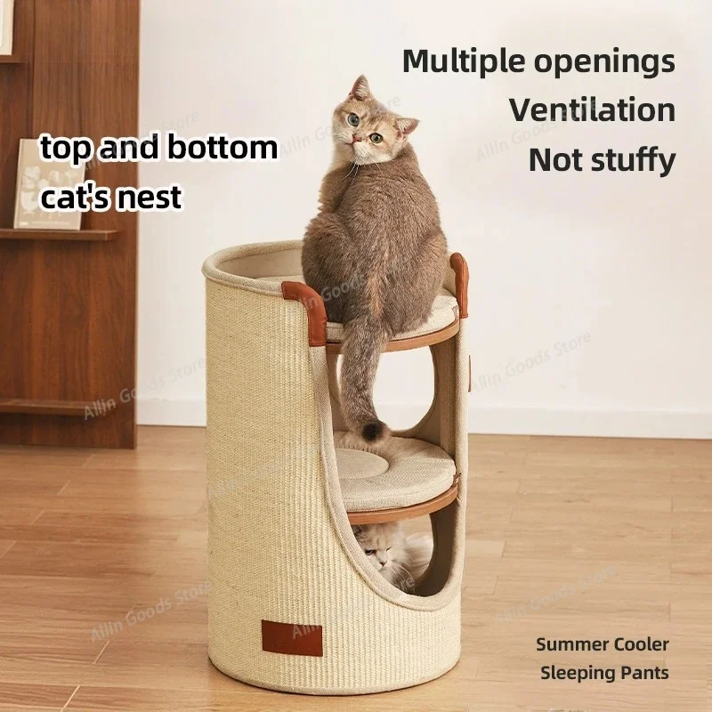 Space Saving Vertical Cat Tree Double Layer Sisal Scratching Post Four Season Universal Cat Bed For Large Cats Maine Coon
