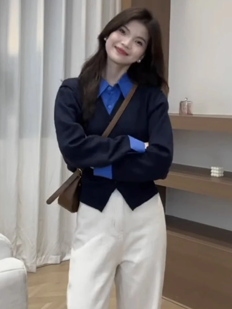 

Comfortable Color Blo Knitted Woolen Sweater Women's Early Autumn Design Sense Versatile Long Sve Collar Open Cardigan