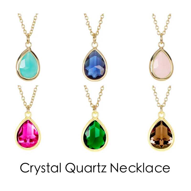 Gold Plated Raspberry Emerald Rose Quartz Crystal Teardrop Pendant Necklace Jewelry