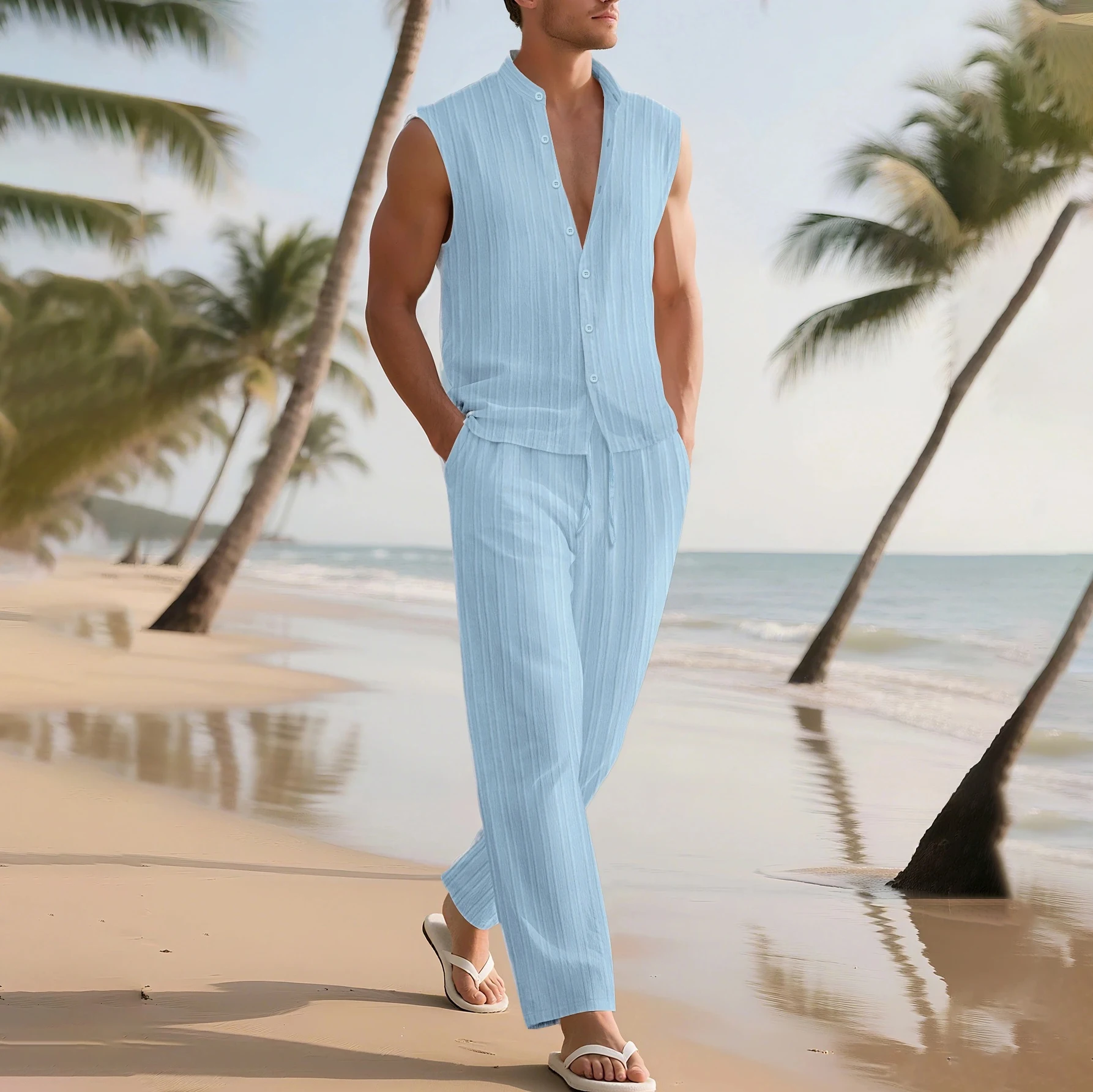 

2025 New summer and autumn men's jacquard sleeveless casual shirt long pants set men's Henry collar sleeveless top