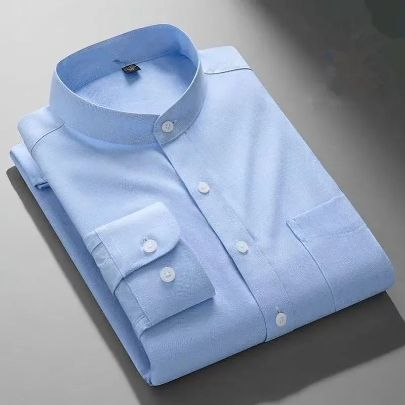 

Осенние мужские деловые рубашки с длинным рукавом Мандаринового цвета Оксфорд из чистого хлопка сплошной цвет повседневный тонкий офисный топ в китайском стиле 5XL