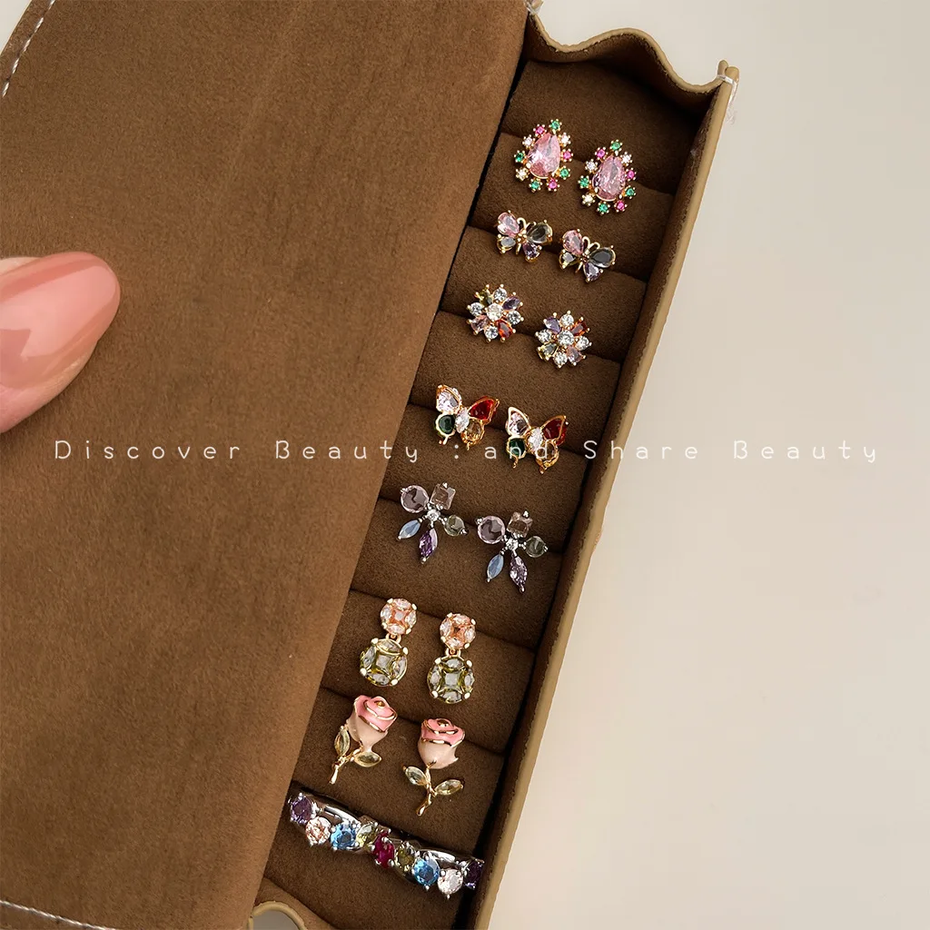DIY accessories Fresh and sweet color zircon flower stud earrings Korean fashion earrings women's light luxury high-end versatil