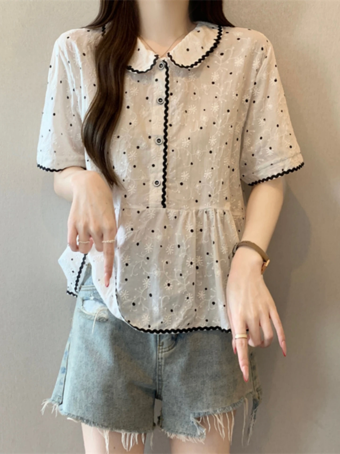 

Polka Dot Short Sleeve Shirt Women Summer 2026 plus Size Slimming Short Doll Collar Base Layer Small Shirt Commute Style Kore...