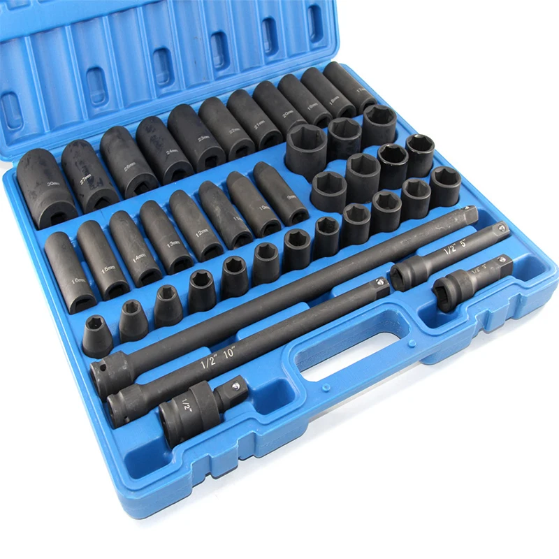 43PCS Impact Socket Set 1/2 Inch ASE Standard 19PCS Deep 6-Point Extension Bar With Carrying Case for Remove Wheel Lug Nut