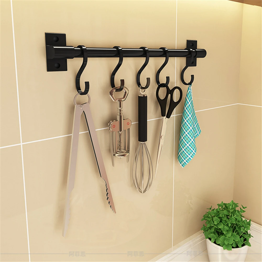 Punch-free Kitchen Hook Wall Hanger for Knife Spoon Pot Lid Holder Cooking Utensil Rack with Sliding Hooks Black Hanging Rod