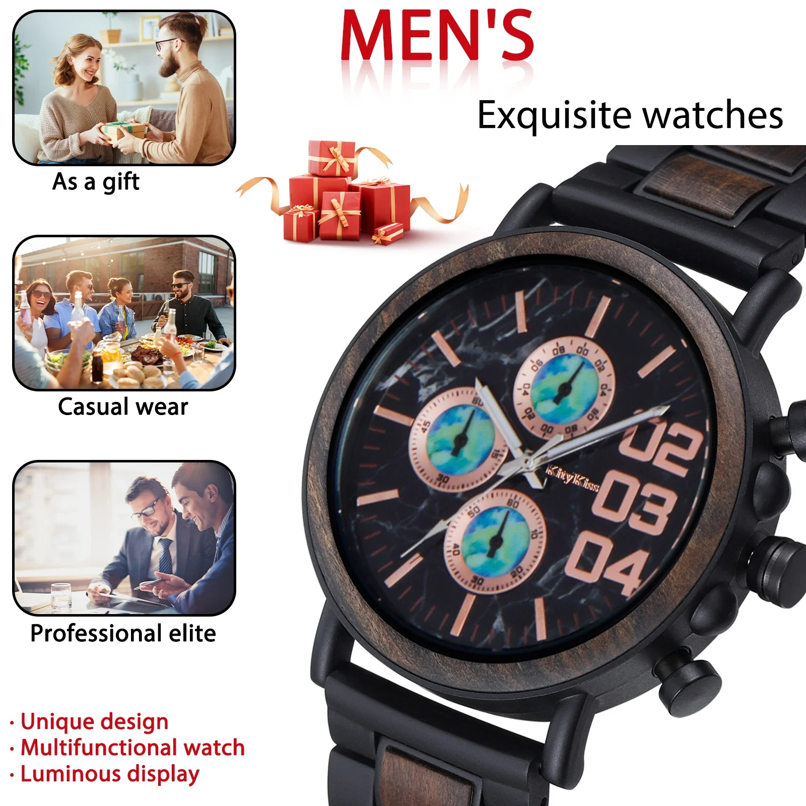 Kity Kiss Wooden Watch Luxury Luminous Multi functional Marble Surface Men's Quartz Bowl Watch Fashion Sports Watch Packaging