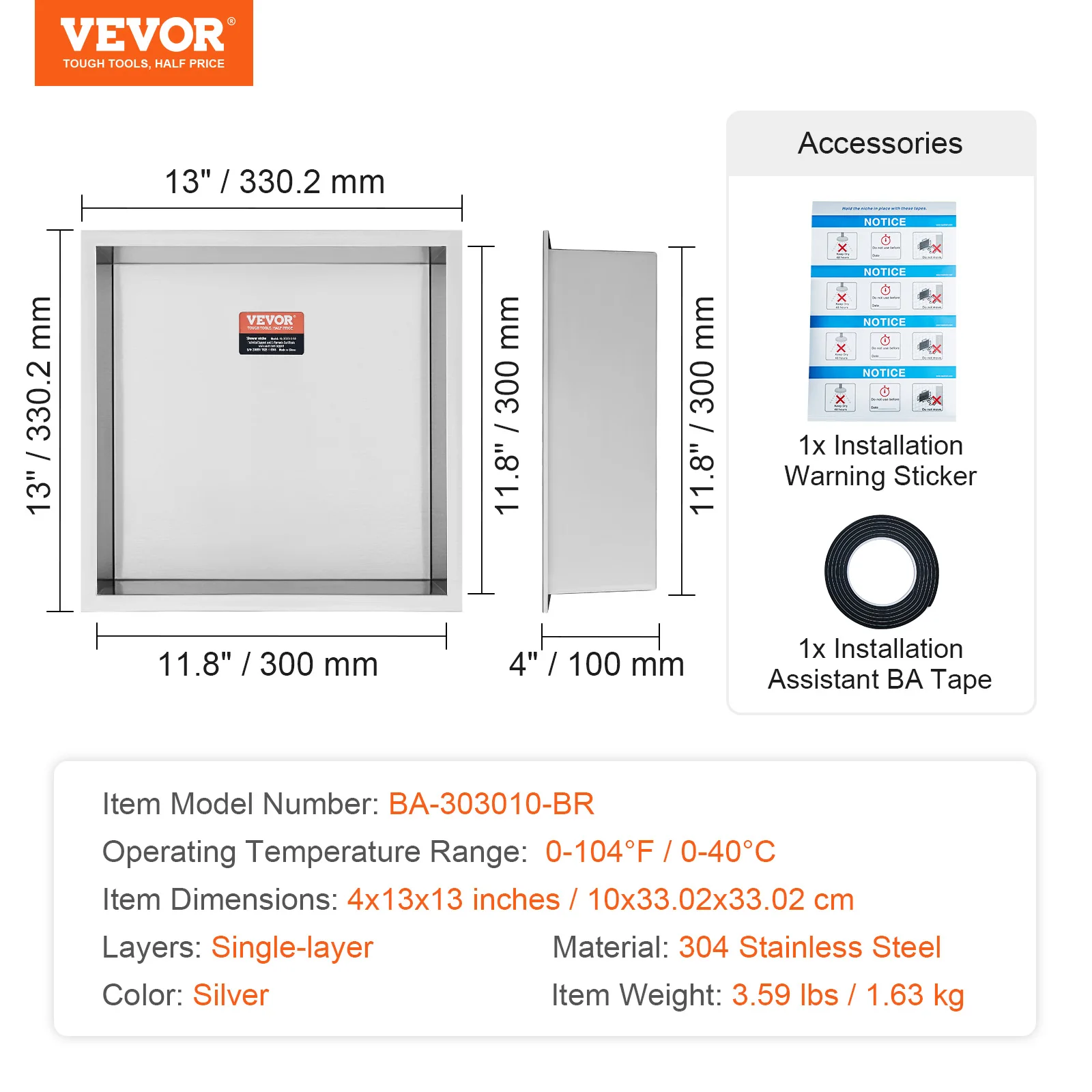 SucceBuy Douche-niche zonder tegels 304 roestvrij staal Wand ingevoegde nis Verzonken dubbele planken voor douche Zeepopslag Badkamer