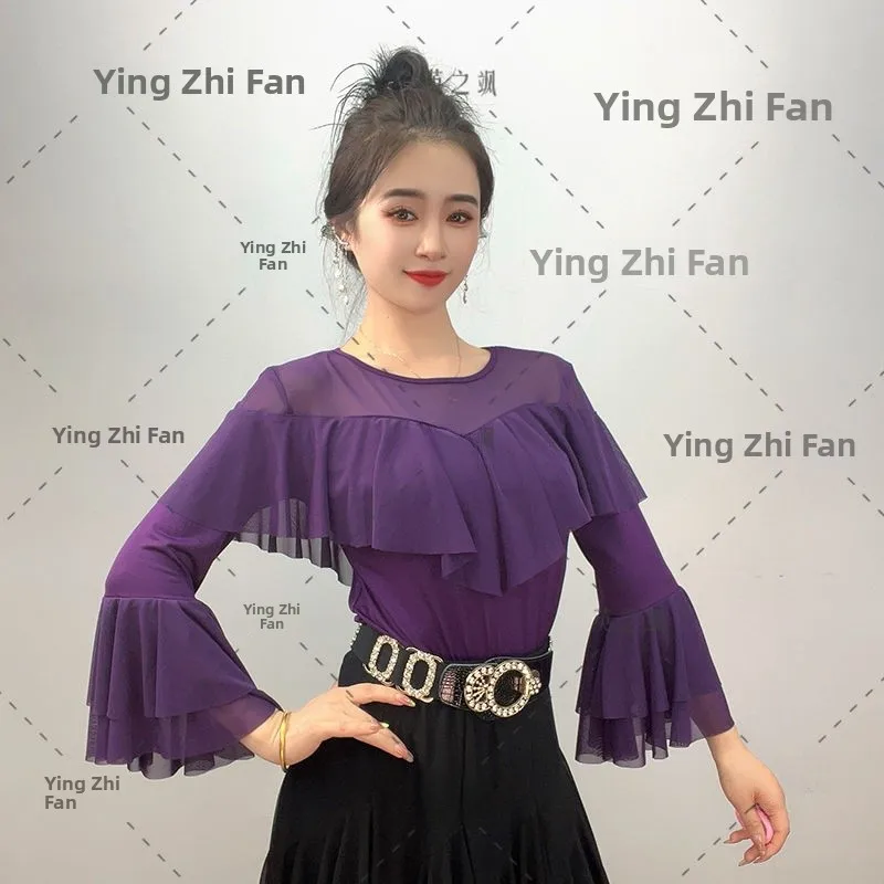 fall-new-women's-dance-costume-long-sleeve-round-neck-modern-dance-top-elastic-square-dance-performance-clothes