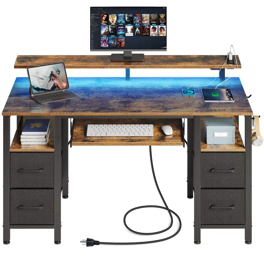 Computer Desk 47.2 with LED Lights amp Power Outlets, Home Office Desk with 4 Drawers, Writing Desk with Keyboard Tray, Study Ta