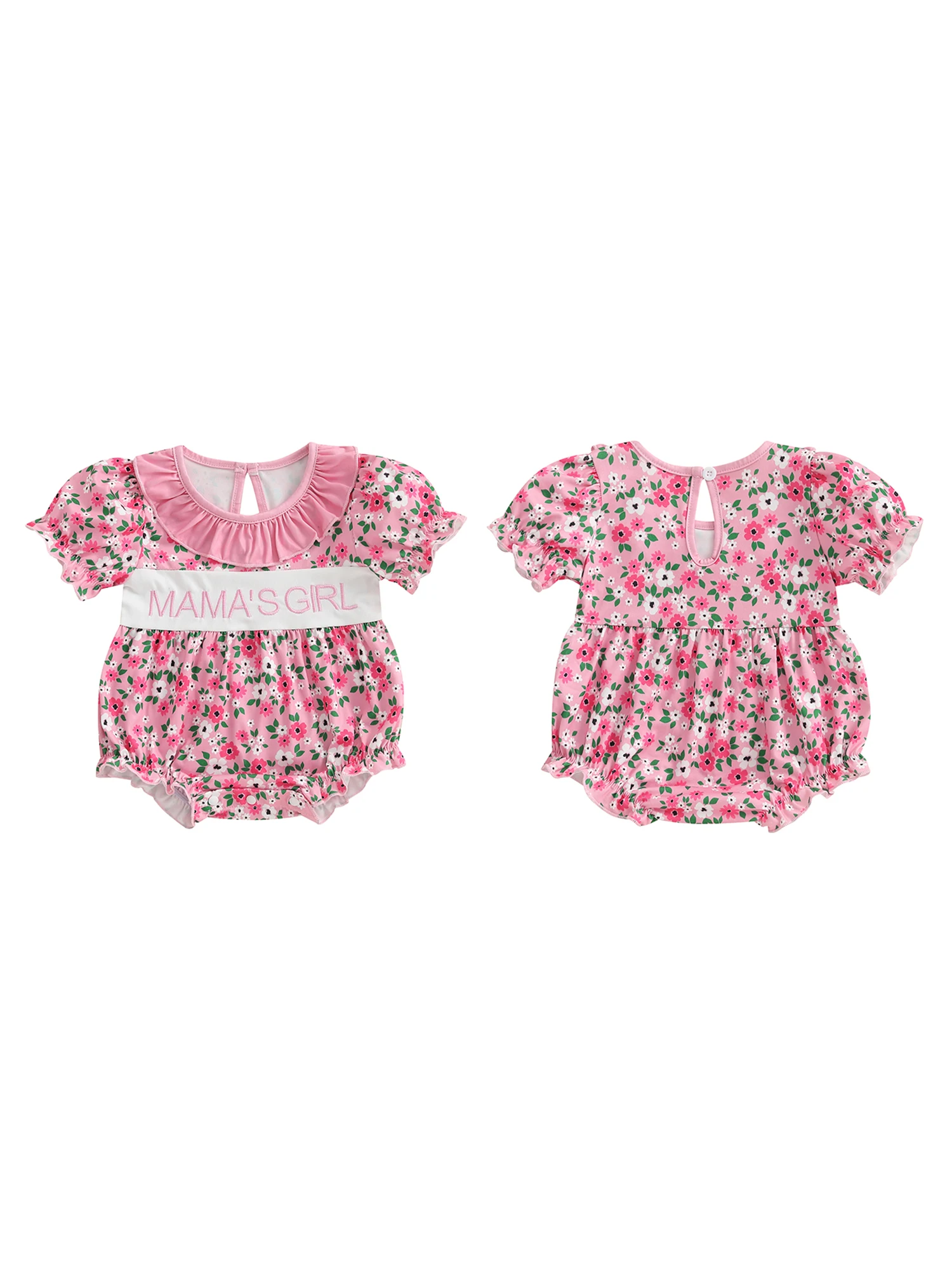 

Adorable Baby Girls Rompers with Cute Letter Embroidery and Floral Print Featuring Ruffles and Round Neck Short Sleeve Infant