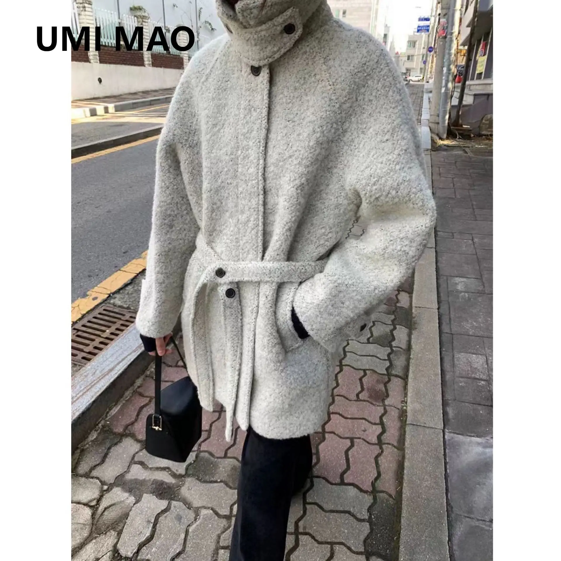 UMI MAO Winter Jackets Designer Windproof Warm Thick Stand Up Collar Lace Up Shoulder Hair Inserted Woolen Coat Female Overcoat