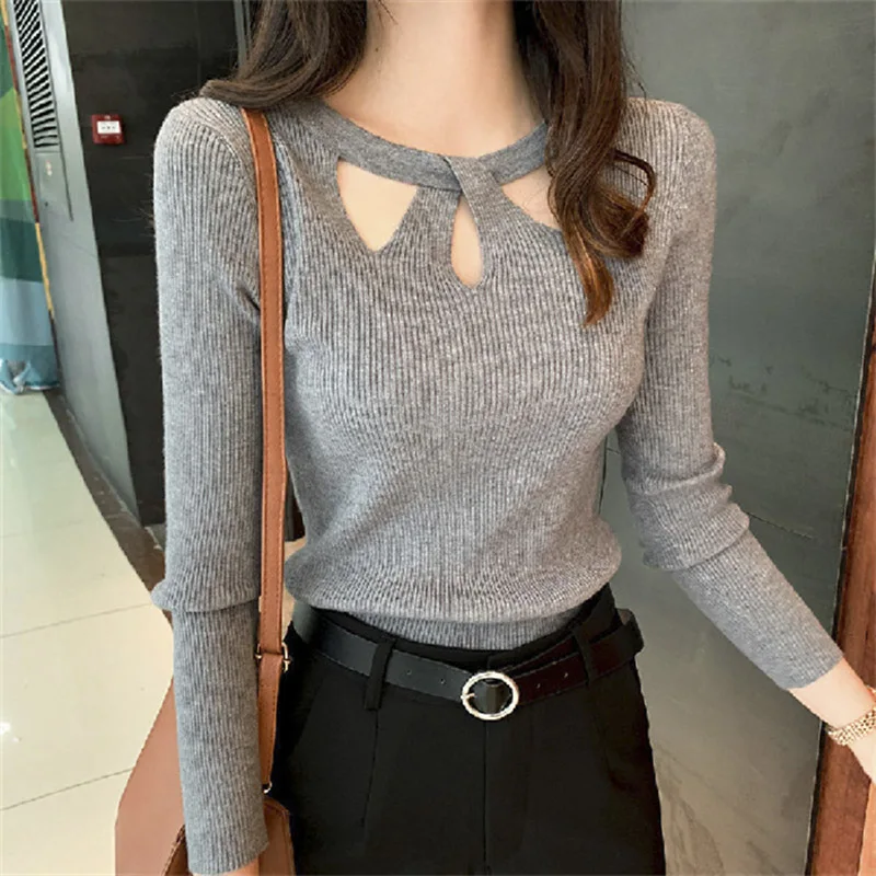 Autumn Winter Ribber Knitted T Shirts Women Green Spring Hollow Out White Basic Long Sleeve Tops Lady Casual Tees