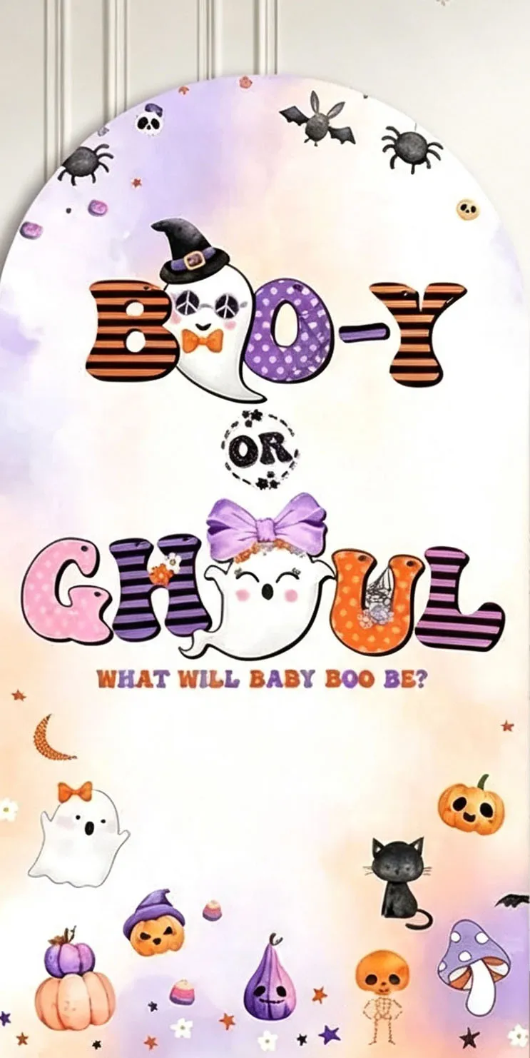 Custom 2-Side Boo-y or Ghoul Gender Reveal Baby Shower Arch Backdrop Cover Pumpkin Birthday Party Decor Backdrop Photo