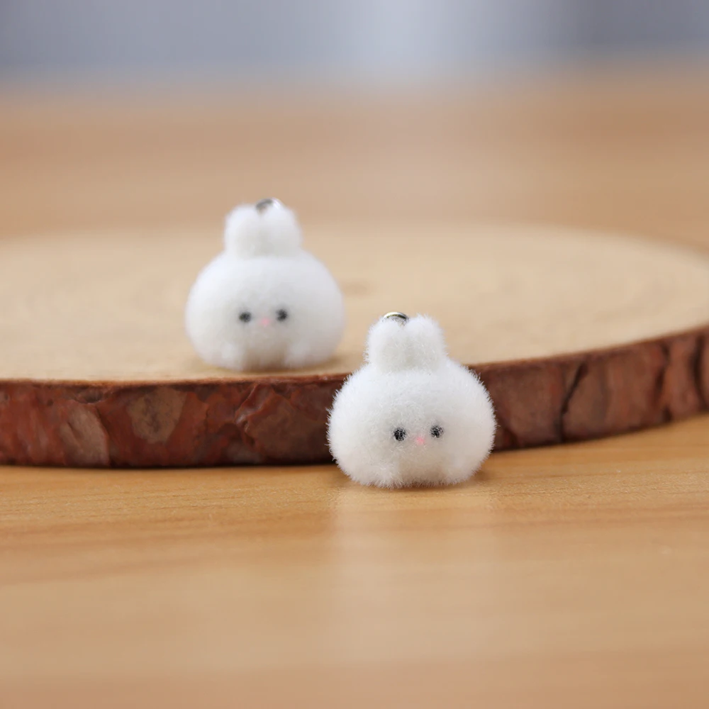 20Pcs 3D Mini Flocking Cartoon Rabbit Resin Charms Mini Plush Animal Pendant For Earring DIY Crafts Jewelry Make Bag Decoration