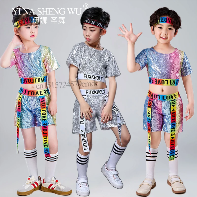 Kinder Hip-Hop Jazz Dance Kostüme Jungen und Mädchen Street Dance & Modern Dance Performance Crop Top mit Shorts Pailletten Set