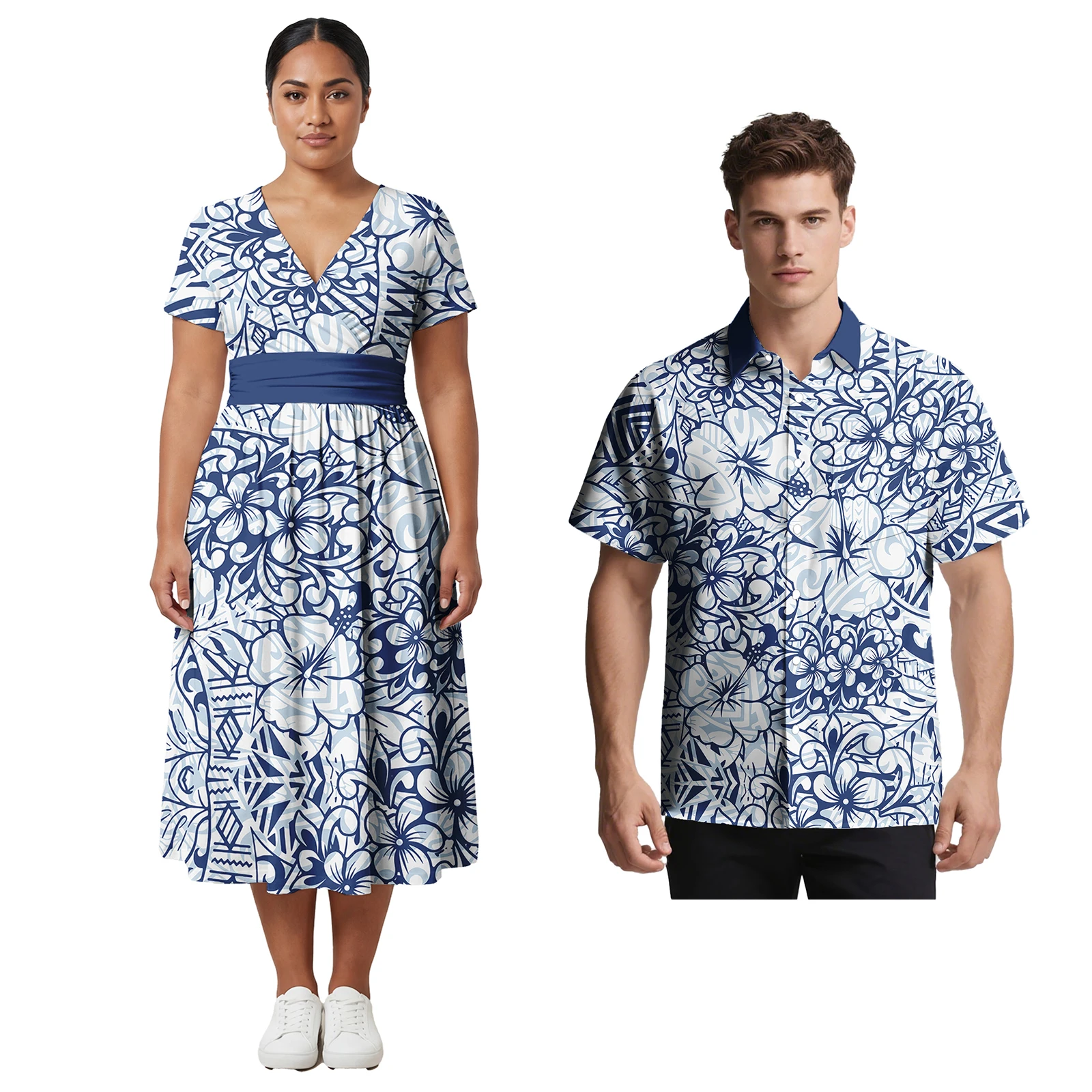 Sweet Lovers Clothing Custom Polynesian Men Turn-down Collar Shirt Women Elegant Samoan Dress Hawaiian Hibiscus Couple of Set
