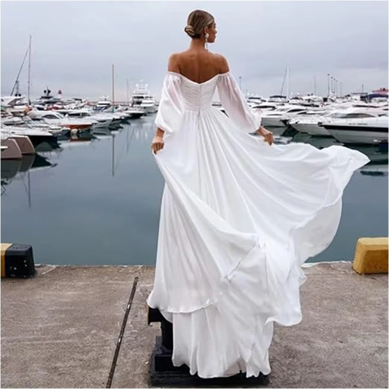 Off Shoulder Lange Mouw Trouwjurk Strand V-Hals Chiffon Prom Jurken A Line Avondjurken Voor Vrouwen Met Mouwen Eenvoudig