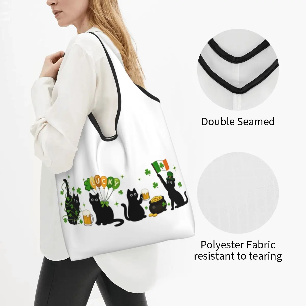Reusable St Patrick's Day Cats Funny Lucky Day Shopping Bag for Groceries Foldable Grocery Bags Washable Large Tote Bags
