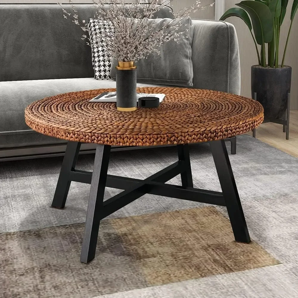 Round Coffee Table, Seagrass Coffee Solid Pine Wood X Base Frame Cocktail Table, Easy Assembled, Multiple Sizes ,32 x 17 Inches