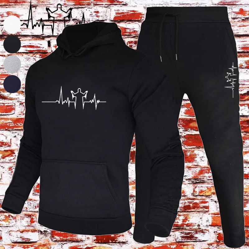 

Fall/Winter Two Piece Heartbeat Jesus Print Men's Sweatshirt - Kangaroo Pocket Hooded Sweatshirt, Drawstring Sweatpants, Relaxed