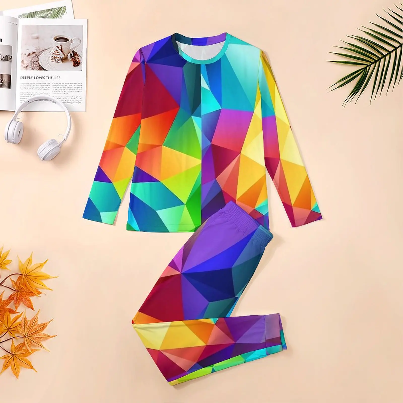 Contrast Color Pajamas Spring Colorful Geometry Home Nightwear Men 2 Piece Design Long Sleeve Cute Oversized Pajama Sets