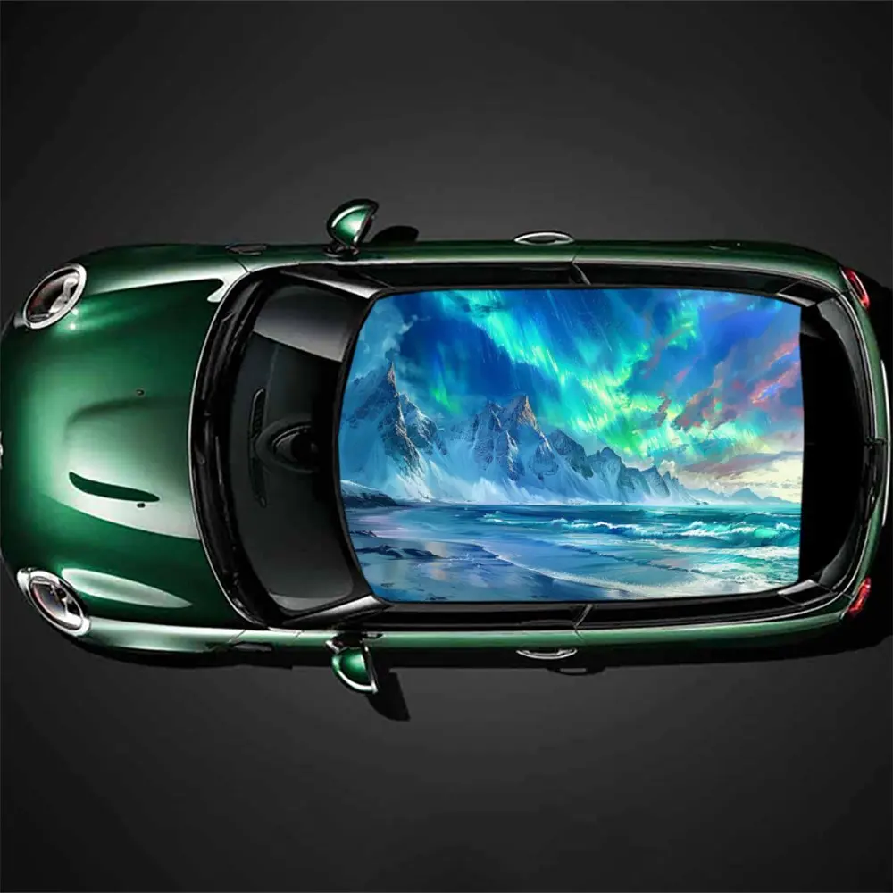 Green Aurora Snow Mountain Car Roof Sticker Wrap Racing SUV Auto Accessories Packaging PVC Car Hood Graphic Decal Decoration