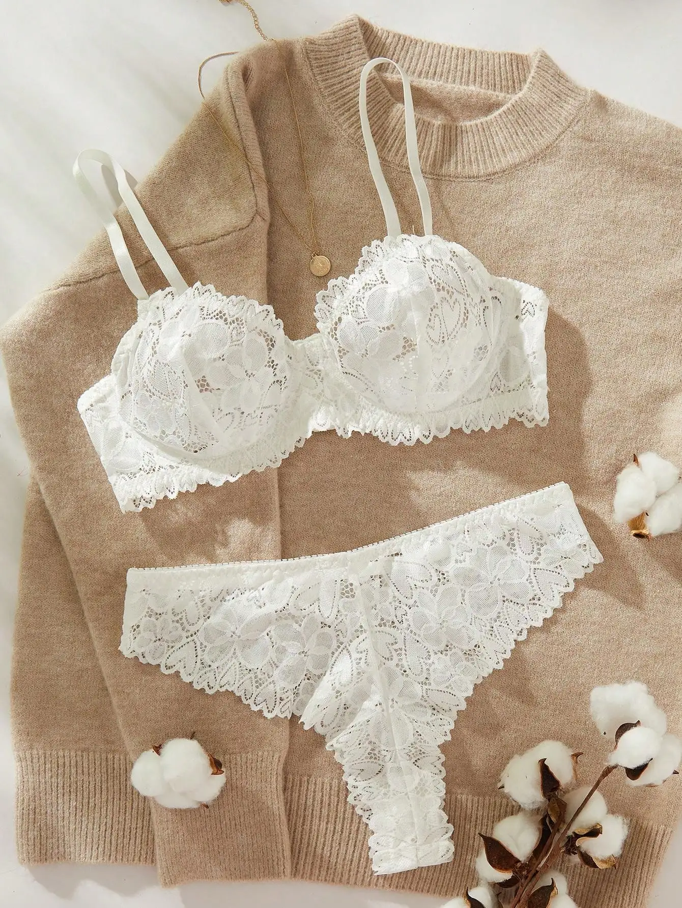 

White Lace Trim Bra and Panty Set for Women, Sexy Lingerie for Rave or Night Out