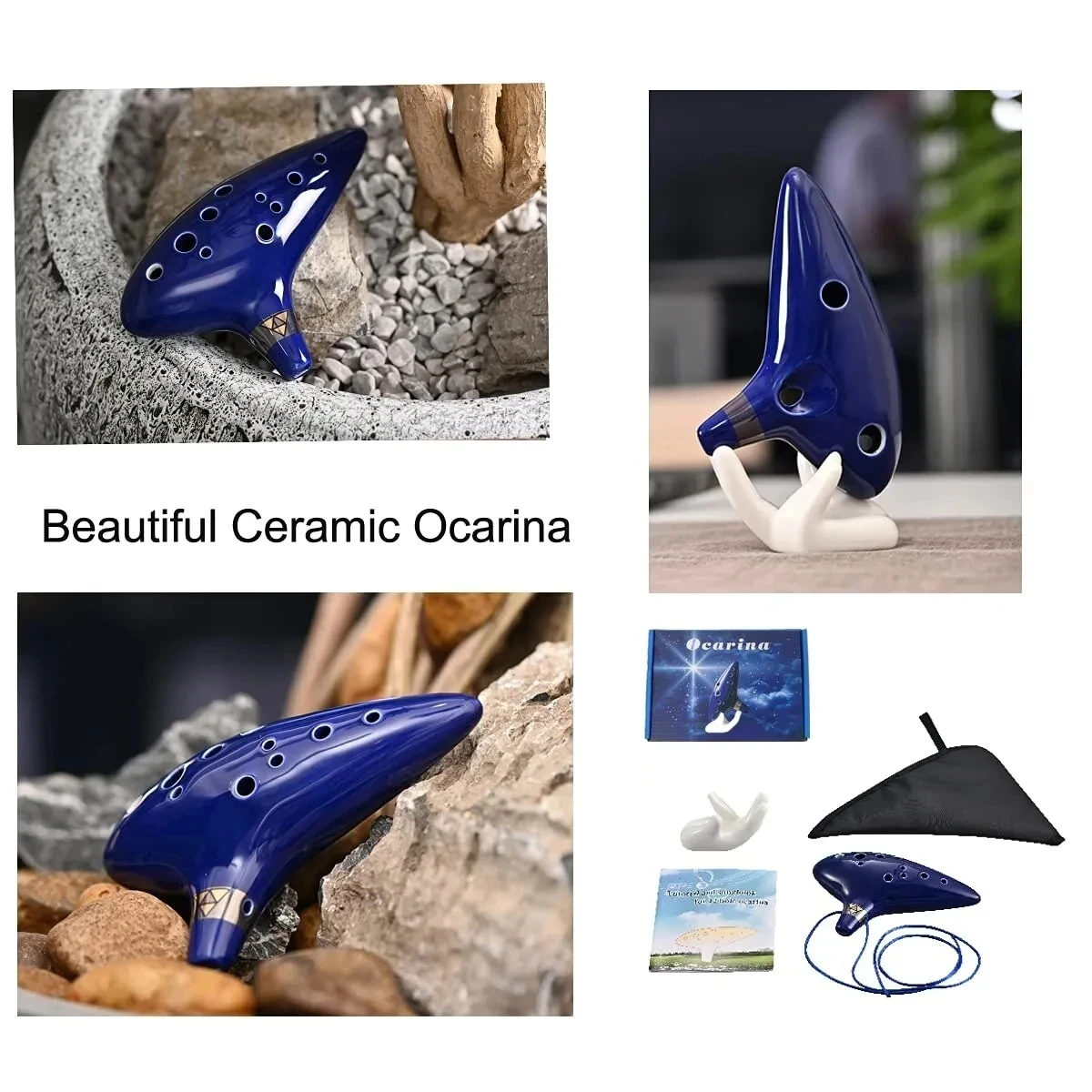 Ocarina, instrumento musical Ocarina de cerámica Alto C de 12 tonos con canciones, bolsa de transporte con cordón para el cuello, azul