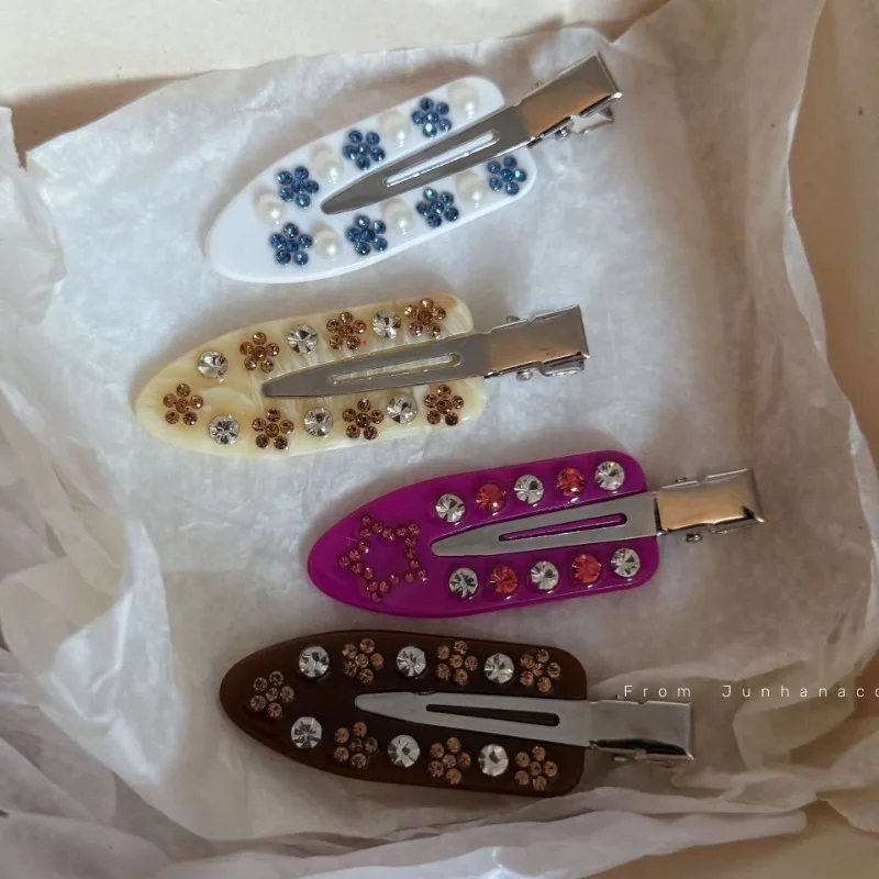 Old Qianfeng flower hairpin acetic acid side hairpin non-marking clip marble pattern colored diamond acetic acid duck bill clip