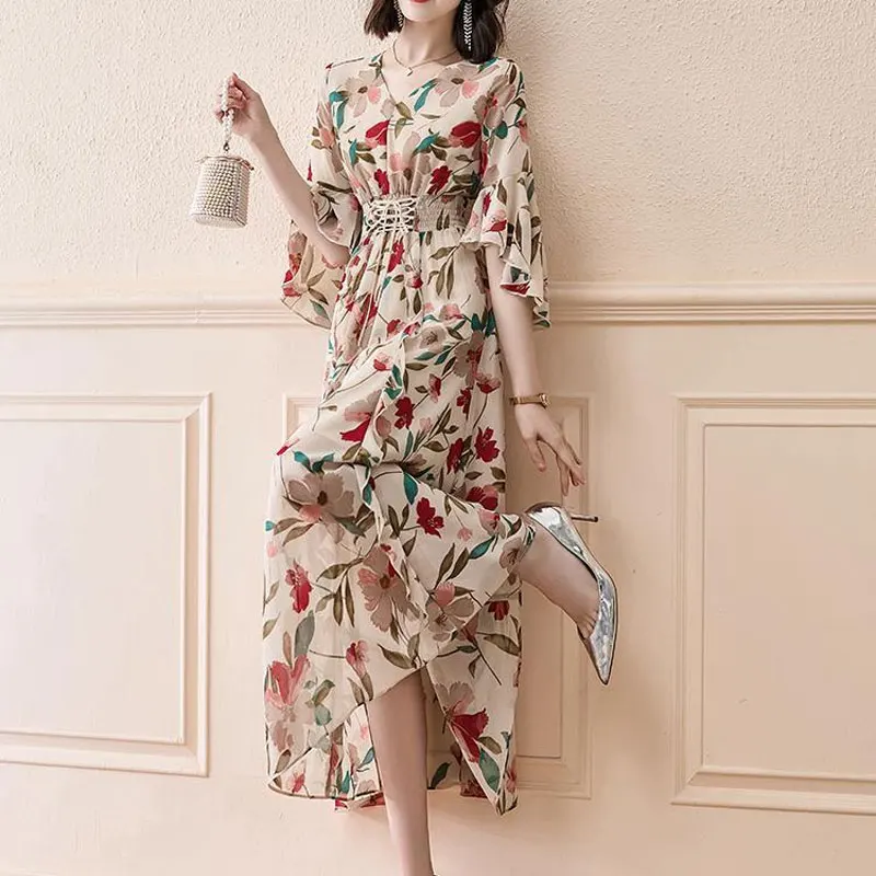 Long Drawstring A-Line Waist Dress Female Clothing French Style Broken Flowers 2024 Summer Elegant V-Neck Half Sleeve Dresses