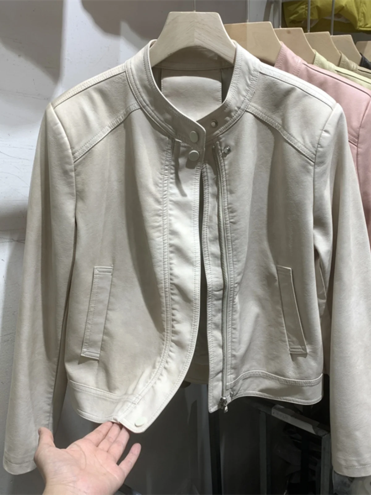 Hong Kong in pelle rosa Jaet da donna ort Casual Sle Primavera Autunno Dimagrante Cappotto in pelle versatile Pendolarismo Faion