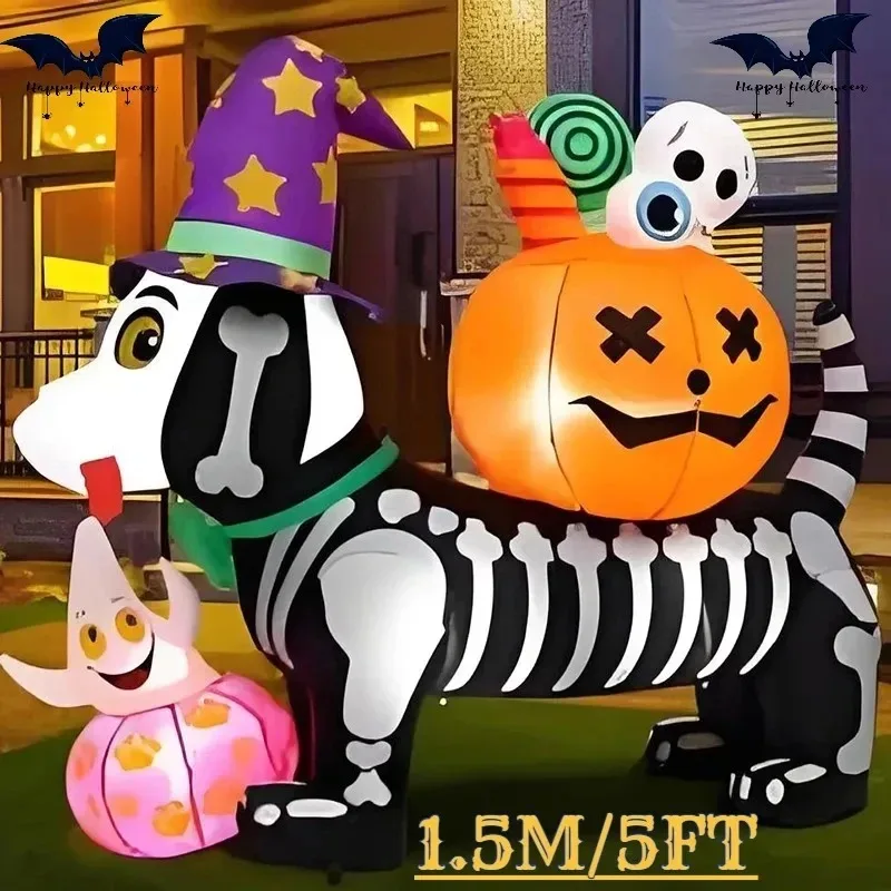 

5FT Halloween Outdoor Inflatable Model Skeleton Dog with Pumpkin LED Light Up Blow Up Decor Toy for Lawn Garden Party Decor