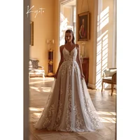Kyoto-vestido de novia con tirantes finos y perlas, apliques de encaje personalizados, escote en forma de corazón, فستان Ştreino de barrido de cintura alta Abito da sposa