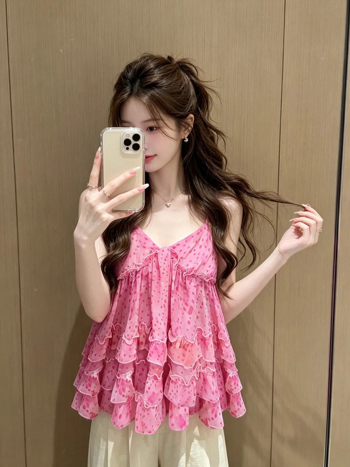 

Pink Polka Dot Chiffon Halter Neck Women's Top Summer New Sweet Style Fashionable Gored Shoulder Bared Vest V-neck Bell Sleeve