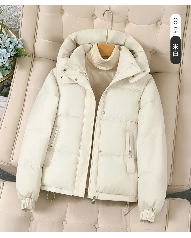 Hooded Thick Coat Short Length Urban Style with Loose Fit Long Sleeve Regular Sleeve Commuter Chic Zipper Closure Women Coats