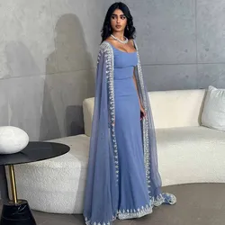 Dubai Dresses for Special Occasions Jersey Sheath/Column Celebrity Dress Blue Square Neck Shawl Evening Dress Long 2025